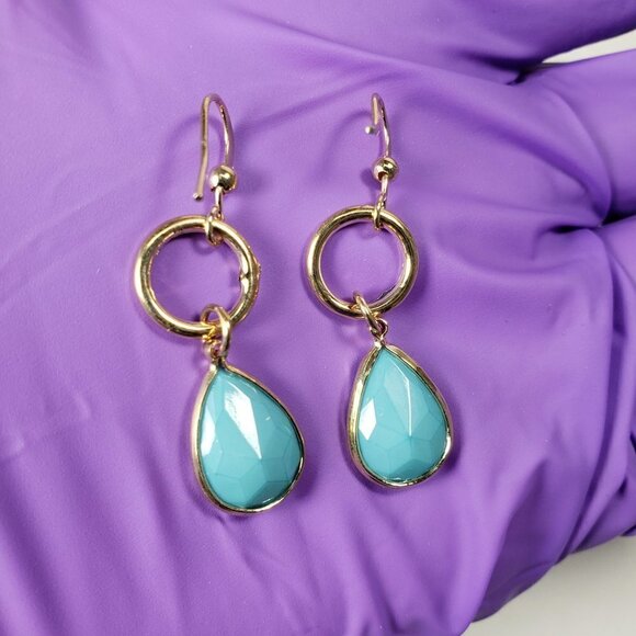 Women's Turquoise Dangle Earrings - Small Hoop Polished Gold Tone Drop Jewelry - Picture 8 of 9